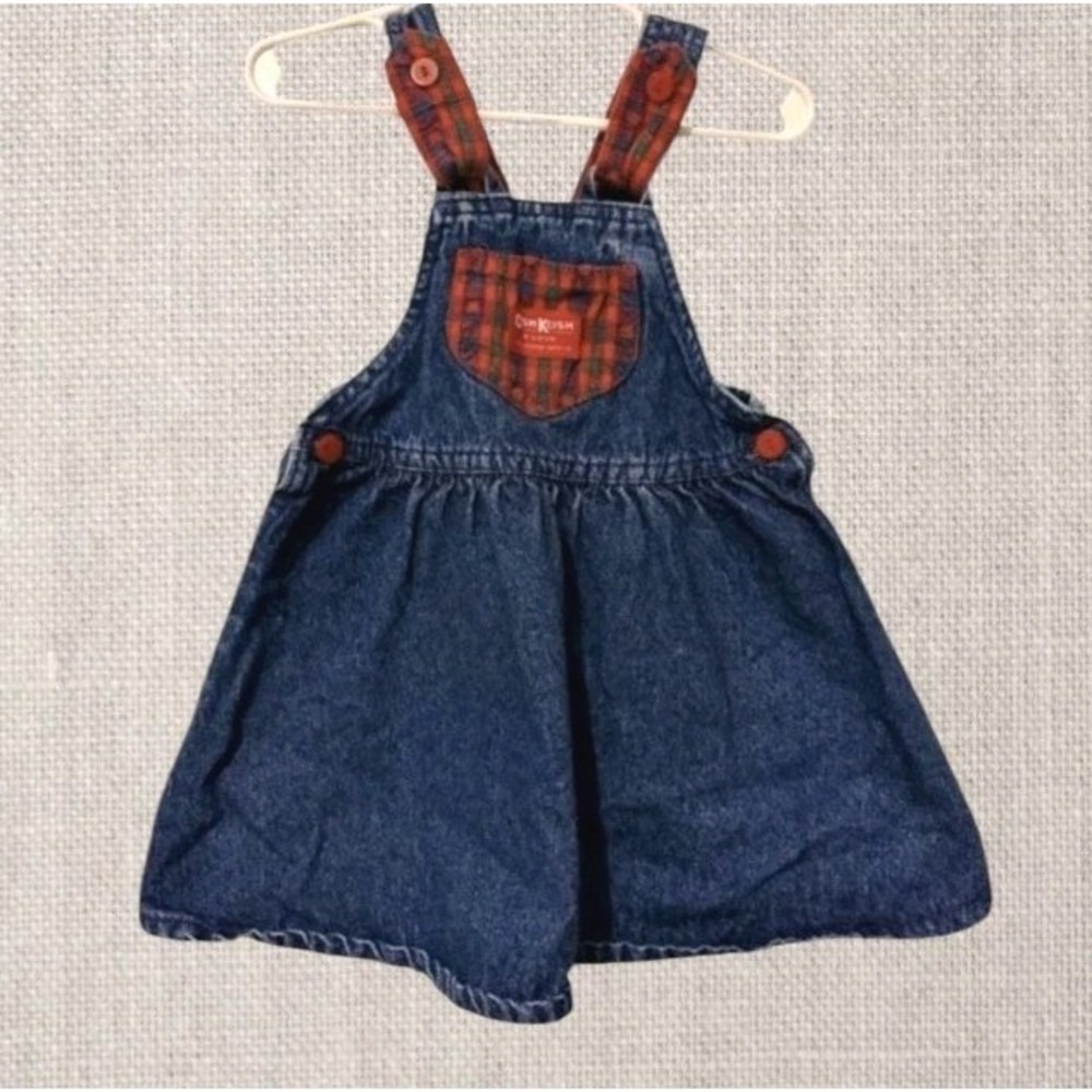 90s Oshkosh Denim Overalls Dress Vestbak Jumper Plaid Apples Kids Bgosh Vtg Sz 5